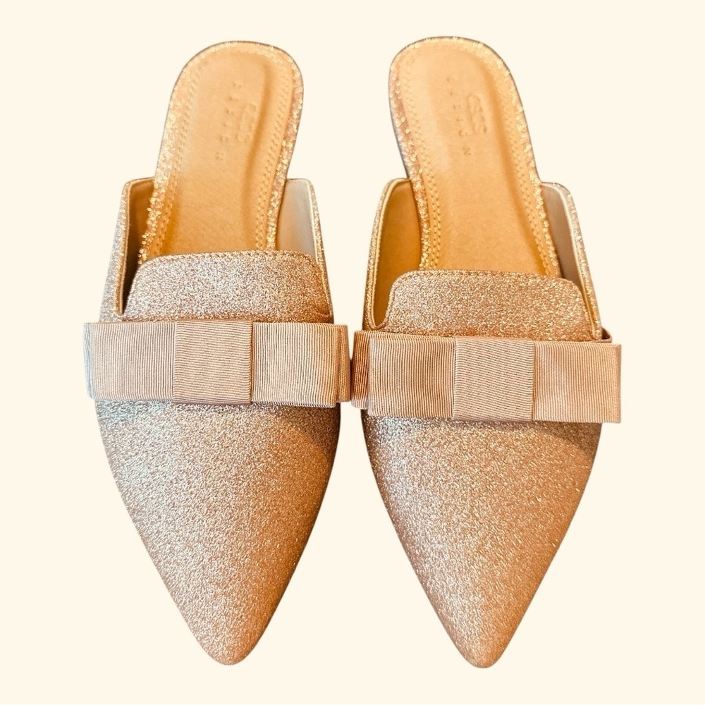 ASOS DESIGN Pink Glitter Bow Mules – Size 4W- Big Girl - Picture 7 of 7
